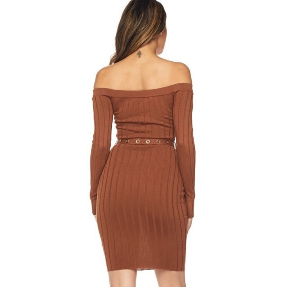 🤎LAST ONE🤎 Sexy Ribbed Knit Off Shoulder Belted Bodycon - Rust (C) - Picture 5 of 6